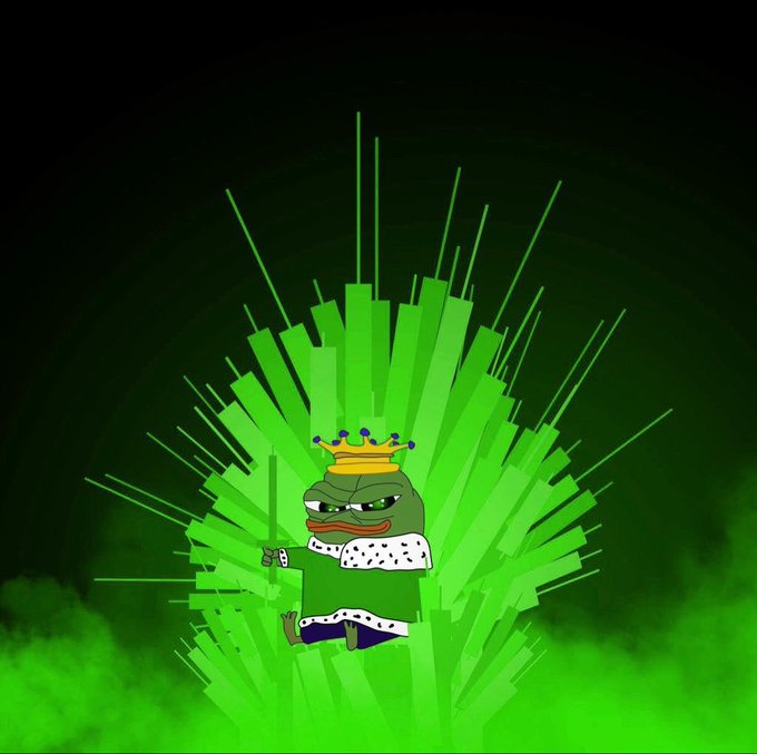 A digital illustration of a Pepe the Frog character dressed as a king with a crown and royal robe, holding a sword in front of a dramatic green glowing burst background.