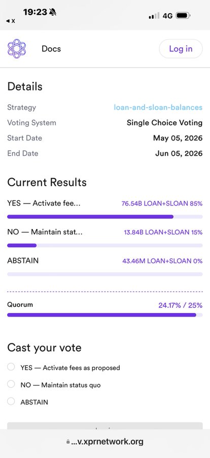 The image shows a phone screen displaying information about an online poll or survey. The main focus of the image is a purple bar graph that displays the results of the poll. The text on the screen reads "Today the community showed solidarity for the vote in @LOAN_Protocol Governorate. Thank you all for meeting the Quorum, congratulations to all." This message highlights the importance and impact of the poll's results on the community.