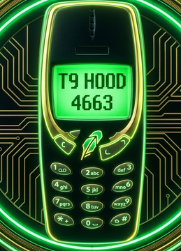 A glowing neon Nokia-style mobile phone displays the text "T9 HOOD 4663" on its green screen, set against a futuristic circuit board background. The image visually reinforces the post's announcement of a strategic partnership between T9 HOOD and Camryhood NFT, using the vintage phone imagery to evoke a nostalgic, tech-forward aesthetic tied to Robinhood's branding.