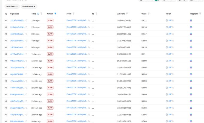 A blockchain transaction log displaying multiple 'BURN' actions filtered by 'Action BURN', showing repetitive transactions from address 'EwrAJ2CDF...u1GvNh6...' with values ranging from $8.86 to $9.16 involving token 'XP'.