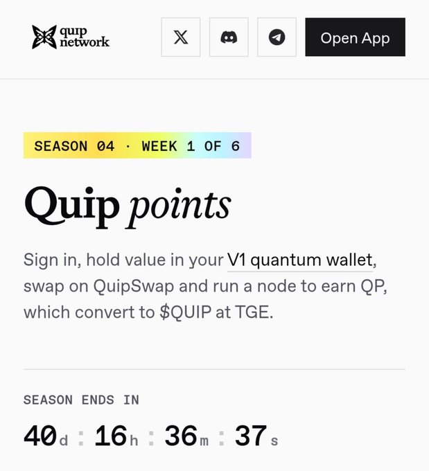 A webpage for 'Quip Network' displaying 'Season 04, Week 1 of 6' with information about earning 'Quip points' and a countdown timer for the season ending.