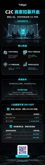 A vertical Chinese promotional poster for Bitget's 'C2C 商家招募开启' (C2C Merchant Recruitment), detailing core benefits, application conditions, and a tiered reward system with up to 300 USDT bonuses.