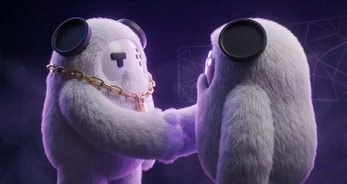 The image features two large white furry creatures standing next to each other with their arms around one another's shoulders. They are positioned close together, creating an impression that they are shaking hands or greeting each other. The background of the image is dark purple, which contrasts with the white fur of the creatures and makes them stand out more prominently.