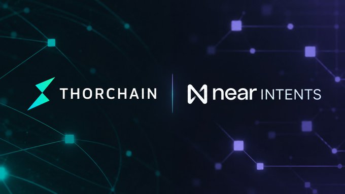 The graphic displays the logos of "THORCHAIN" and "NEAR INTENTS" side by side against a dark blue background with interconnected network nodes. It visually accompanies a post criticizing both platforms for their inconsistent responses—halting operations when their own infrastructure fails while intervention on competitor losses, highlighting the shared hypocrisy between the two projects.