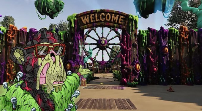 A colorful, cartoon-style illustration of a 'WELCOME' gate featuring a green-bearded character wearing red goggles and a patterned hat.