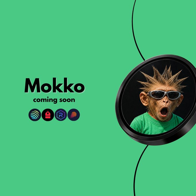 A green promotional graphic for 'Mokko' featuring a monkey wearing sunglasses with its mouth open, accompanied by 'coming soon' text and several icons.