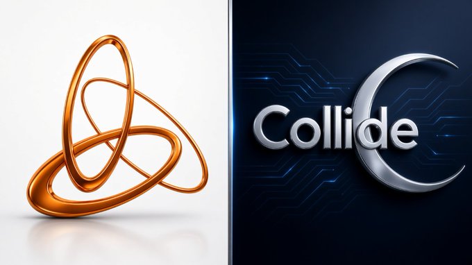 A split-image graphic: the left side shows a metallic orange 3D sphere with interlocking orbital rings, and the right side displays the word 'Collide' with a crescent moon in a blue circuit-board background.