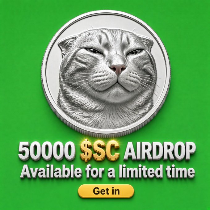 Promotional advertisement for a '50000 $SC AIRDROP Available for a limited time' featuring a silver coin with a wildcat face and a yellow 'Get in' button on a green background.