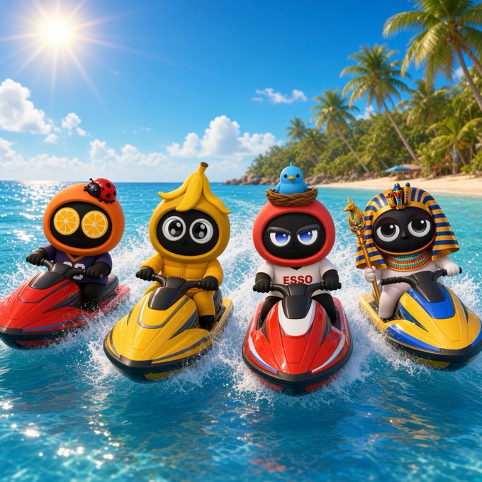 A vibrant AI-generated image showing four cartoon mascot characters riding jet skis on a tropical ocean, including an orange character with a ladybug, a banana-themed character, a red 'ESSO' character with a bird's nest, and a pharaoh character.