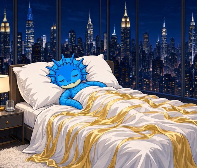 A digital illustration depicts a small blue cartoon axolotl-like character sleeping peacefully under a white and gold blanket in a bed, with a nighttime city skyline visible through a large window behind.