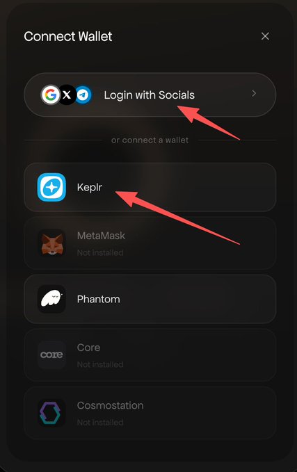 A 'Connect Wallet' interface on a dark background showing options to 'Login with Socials' or connect wallets like Keplr, MetaMask, Phantom, Core, and Cosmostation, with two red arrows pointing to the social login and Keplr options.