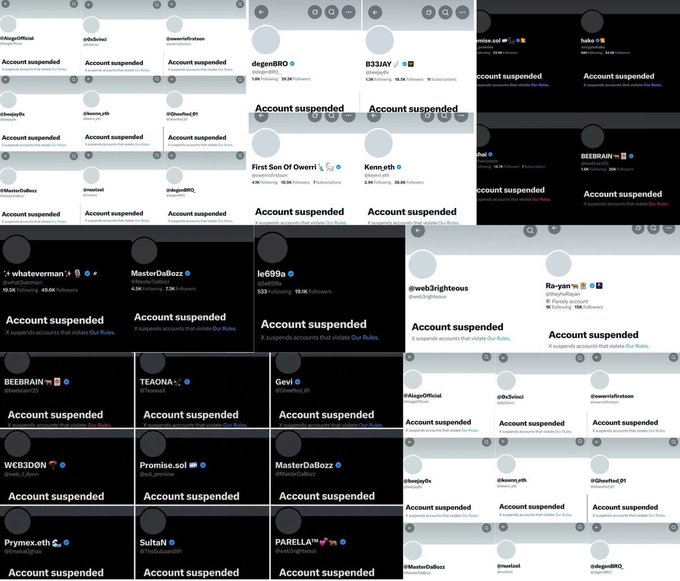 The image shows a grid of X (Twitter) profile cards, most displaying "Account suspended" messages, with visible usernames like "MasterDaBozz," "BEEBRAIN," "TEAONA," "Promise.sol," "MasterDabozz," and others.

This relates to the post suggesting that an alleged "matrix" (bot network) account operator is being aggressively suspended by the platform, implying the operator typically handles many paid promotions and engagement-farming activities — explaining why so many of their associated accounts are now showing suspension notices.