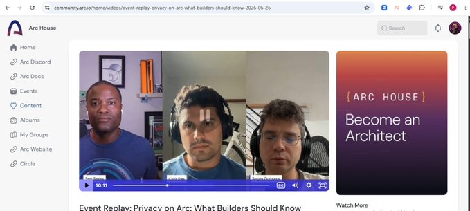 A screenshot of a web browser displaying an Arc House event replay video titled "Privacy on Arc: What Builders Should Know," featuring speakers Sam Sealey, Chris Ries, and Sergey Gorbachev.