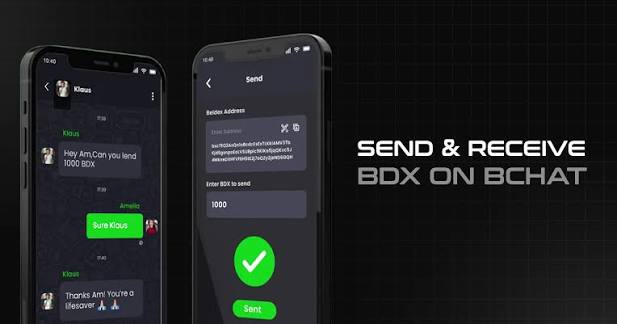 An advertisement for the BCHAT app showing two smartphone screens demonstrating how to 'SEND & RECEIVE BDX ON BCHAT', with chat messages involving 'Klaus' and 'Amelia' requesting 1000 BDX.