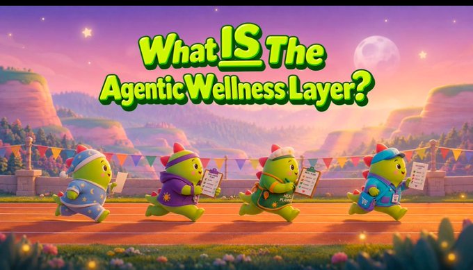 A colorful advertisement with the text 'What IS The Agentic Wellness Layer?' featuring four green blob-like characters running in a race.