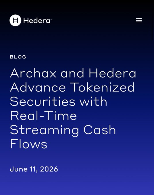 The image shows a website called "Hedera" that appears to be discussing the concept of tokenization, which is a process used for securing assets by creating digital tokens that can be used as a form of currency or for other purposes. The website also mentions the use of real-time streaming cash flows and the potential benefits it offers in terms of efficiency and transparency.