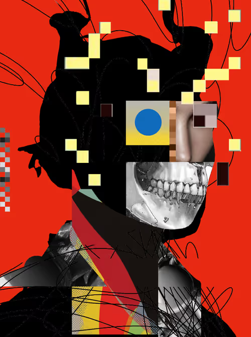 The image features a digital art piece that combines elements of a face, a skull, and a red background with white squares. The artwork has been edited using Photoshop or similar software, giving it a unique and intriguing appearance. The artist's name is "@R3ORDR" who has contributed to the creation of this digital identity.