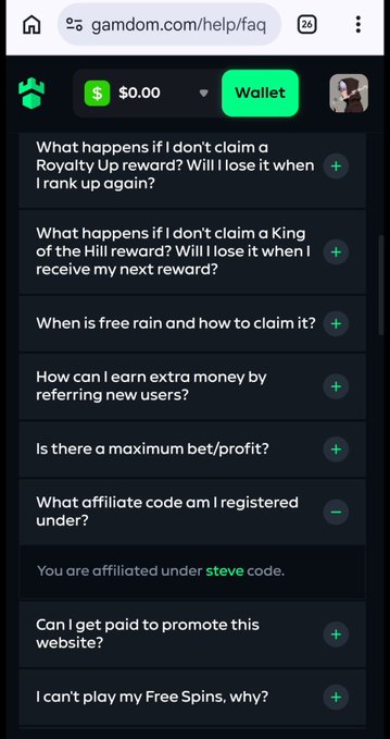 A screenshot of a gamdom.com FAQ page listing questions about Royalty Up rewards, King of the Hill rewards, free rain, referrals, maximum bet/profit, affiliate codes (showing 'steve code'), promotion payments, and Free Spins.