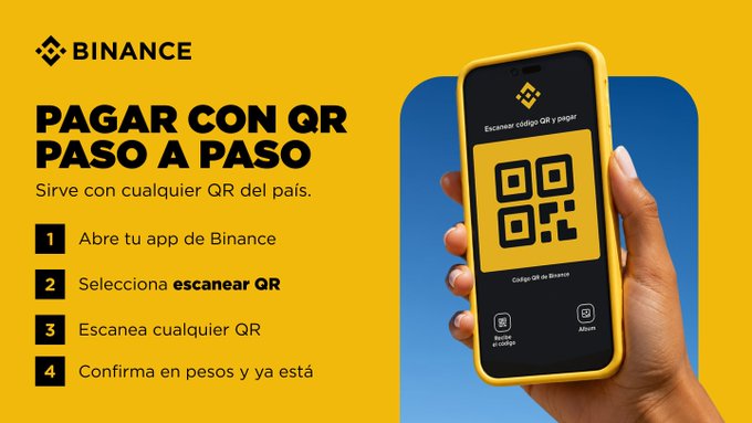 The image is a Binance promotional graphic on a yellow background explaining "PAGAR CON QR PASO A PASO" (Pay with QR Step by Step), with instructions: 1) Open your Binance app, 2) Select scan QR, 3) Scan any QR, 4) Confirm in pesos and you're done, alongside an illustration of a hand holding a phone displaying the Binance QR scanner. It serves as a visual step-by-step guide for first-time users learning how to pay using Binance's QR feature, directly supporting the post's message about how easy it is to make QR payments.
