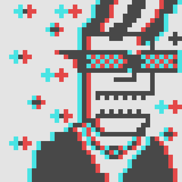 A pixel-art Normie character wears red/cyan 3D glasses and beams a red-blue checkered stereoscopic gaze, illustrating the stereoscopic 3D PFP concept mentioned in the post about creating dual-colored Normie profiles. Floating red and cyan plus signs emphasize the anaglyph 3D effect used to give the PFPs depth.