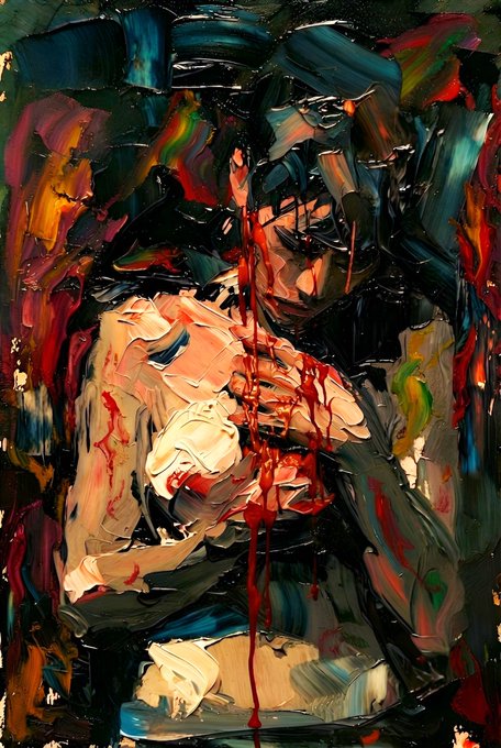 An abstract expressionist painting shows a face rendered in thick, chaotic strokes of red, black, blue, and cream paint with streaks of red dripping down.