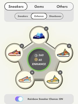 The image shows a shoe store's app with an interactive display of five different shoes, each with its own unique design and color scheme. The app also provides options for enhancing the appearance of these sneakers through various settings such as "360" and "40". The post in question suggests that there is a "Rainbow Sneaker Chance: ON" button on the bottom right corner of the image, indicating that users can try out different shoes to enhance their style.