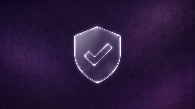 A glowing purple shield icon with a checkmark in the center against a dark textured background.