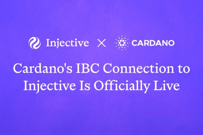 A purple gradient announcement graphic featuring the Injective and Cardano logos with the text "Cardano's IBC Connection to Injective Is Officially Live".