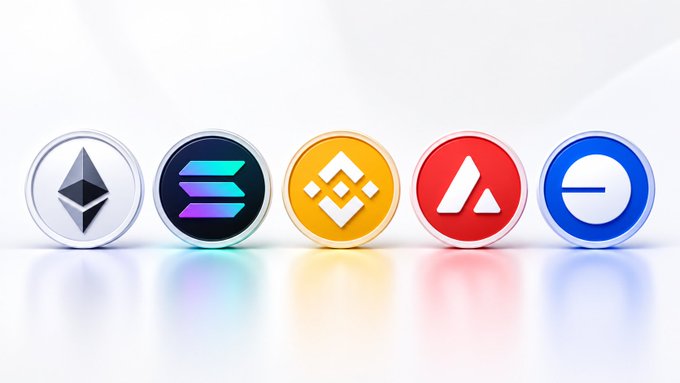 Five circular cryptocurrency tokens displayed in a row on a reflective surface, featuring the logos of Ethereum (ETH), Solana (SOL), Binance Coin (BNB), Avalanche (AVAX), and Base, representing the contenders in the debate over which blockchain is the top choice for Real World Assets (RWA).