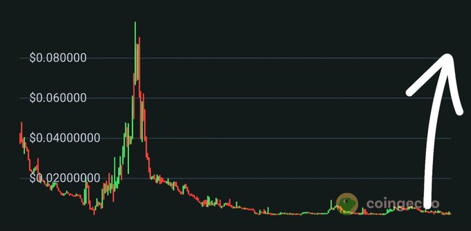 A cryptocurrency price chart from Coingecko showing a significant price spike followed by a decline, with a white arrow pointing upward on the right side.