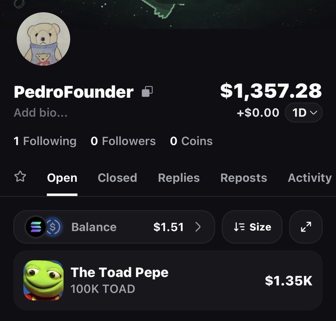 A profile screenshot shows the account 'PedroFounder' with a dog avatar, displaying a balance of $1,357.28 (+$0.00) and an open position in 'The Toad Pepe' (100K TOAD) valued at $1.35K.