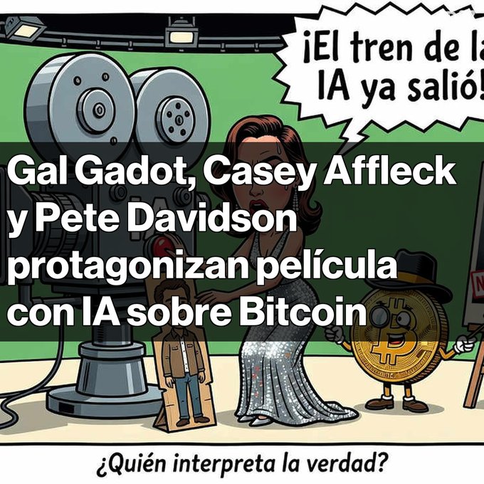 A cartoon illustration of a film set with a movie camera, featuring characters including one styled as Gal Gadot and a Bitcoin coin character, with Spanish text announcing 'Gal Gadot, Casey Affleck y Pete Davidson protagonizan película con IA sobre Bitcoin' and the caption '¿Quién interpreta la verdad?'