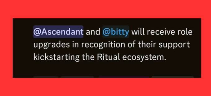 A red and black text message stating '@Ascendant and @bitty will receive role upgrades in recognition of their support kickstarting the Ritual ecosystem.'