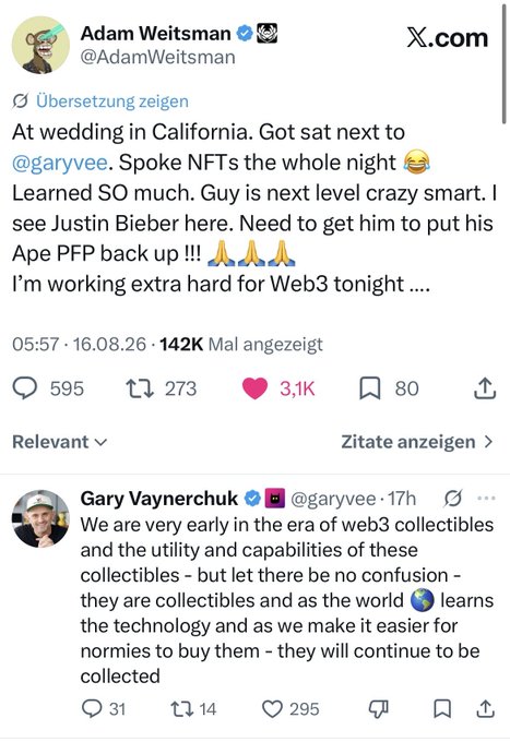 A screenshot of an X.com post by Adam Weitsman (@AdamWeitsman) from '16.08.26' about sitting next to @garyvee at a wedding discussing NFTs, followed by a quoted reply from Gary Vaynerchuk about web3 collectibles.