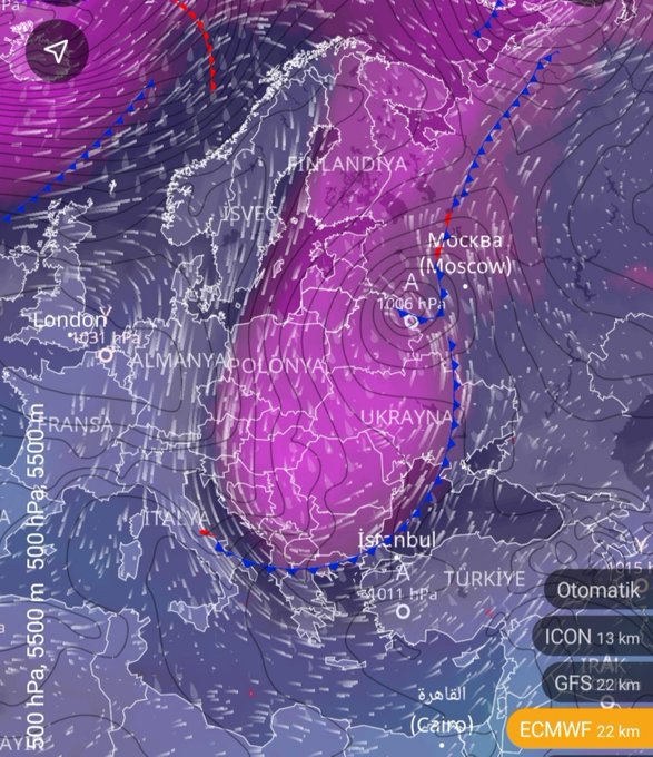 A weather map from the ECMWF 22 km model showing a strong low-pressure system (1006 hPa) near Moscow with deep pressure contours extending across Eastern Europe, paired with the caption "COUNTDOWN HAS BEGUN — Details this evening — Keep notifications on," suggesting an imminent weather event announcement is being teased.