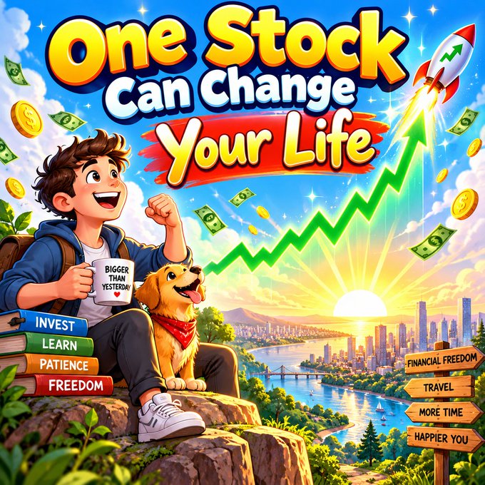 A colorful cartoon-style promotional graphic reads 'One Stock Can Change Your Life,' showing a young man with a dog sitting on books labeled 'INVEST,' 'LEARN,' 'PATIENCE,' and 'FREEDOM,' while a green arrow rockets skyward alongside dollar signs and a signpost pointing to 'FINANCIAL FREEDOM.'