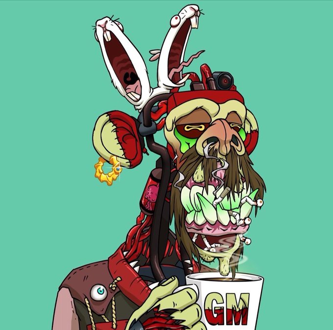 The image features an anthropomorphic robot with a long beard, wearing a red shirt and holding a cup of coffee. The robot appears to be sitting at a table or desk, possibly in front of a computer screen. The background color of the image is green, which contrasts with the robot's appearance. The post that accompanies this image reads: "I hate being one of the brokest members in the @BoredApeYC I sit and watch people level up buy more apes I seriously struggle paycheque to paycheque the uncertainty of a place to live can’t even save a emergency fund I seriously don't think I can be in the club it's mentally". The post seems to be expressing frustration or dissatisfaction with their current situation, possibly related to their financial circumstances.