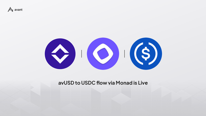 An announcement graphic from 'avant' with the text 'avUSD to USDC flow via Monad is Live', showing logos for Ethereum, Monad, and USDC.