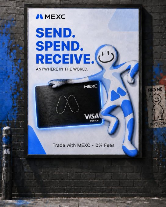 A MEXC advertisement poster on a brick wall reads 'SEND. SPEND. RECEIVE. ANYWHERE IN THE WORLD.' and 'Trade with MEXC • 0% Fees', featuring a blue smiling character holding a MEXC Visa Platinum card.