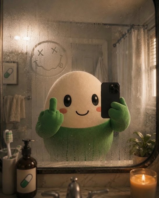 An illustration of a green egg-shaped character with a smiley face taking a mirror selfie with a smartphone in a steamy bathroom, with pill bottle icons and a smiley face etched in the mirror.