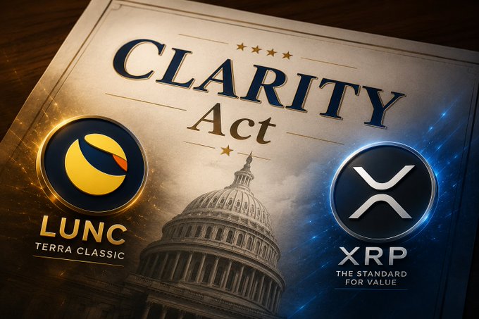 A promotional graphic features the text "CLARITY Act" prominently displayed above an image of the U.S. Capitol building, flanked by the LUNC (Terra Classic) and XRP logos, visually reinforcing the post's urgent call to pass the Clarity Act for cryptocurrency regulation.