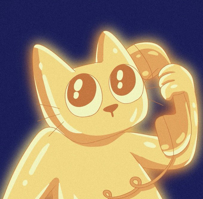 A stylized illustration of an orange cat with large, expressive eyes holding an old-fashioned telephone receiver to its ear against a dark blue background.