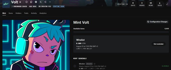 A screenshot of a VNTG Volt minting page for the "Mint Volt" NFT collection on the Worldwood Chain, showing a mint schedule and a countdown indicating 3 days, 3 hours, 53 minutes, and 5 seconds remaining.