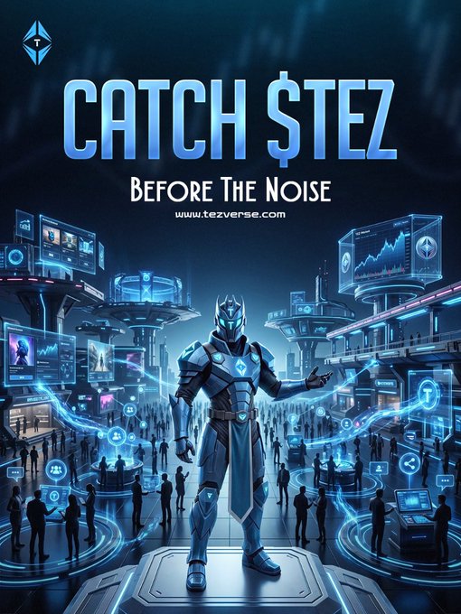 Promotional graphic for 'CATCH $TEZ - Before The Noise' featuring a futuristic armored figure in a cyber cityscape with the Tez logo and www.tezverse.com.