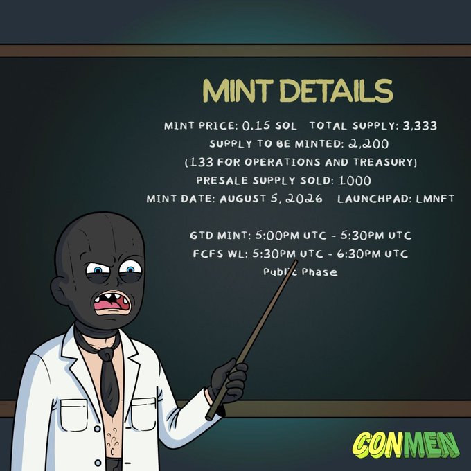 Cartoon illustration of a zombie-like character in a lab coat pointing at a blackboard displaying 'MINT DETAILS' with information: Mint Price 0.15 SOL, Total Supply 3,333, Mint Date August 5, 2026, Launchpad LMNFT, with GTD Mint and FCFS WL time slots, branded as 'CONMEN'.
