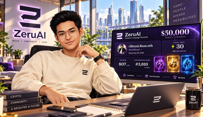 A stylized promotional image for 'ZeruAI' showing a young man in glasses at a desk with a laptop, alongside a display board showing 'riRoyal.Base.eth' with '$50,000' token airdrop and 'ZSCORE 807' and 'LEADERBOARD RANK #3,810 of 1,342'.