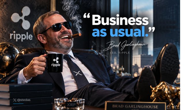 Meme-style image of a man in a suit smoking a cigar and holding a Ripple mug, with the Ripple logo, a golden bull, and the quote 'Business as usual.' attributed to Brad Garlinghouse, CEO of Ripple, with handle @stedas.