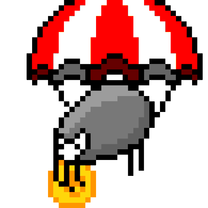 A pixel art illustration of a gray creature with a large red mushroom-like cap on its head, holding a yellow object.