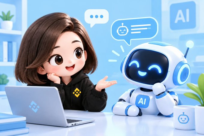 An illustration shows a cartoon woman with brown hair gesturing toward a smiling white and blue AI robot at a desk with a laptop.
