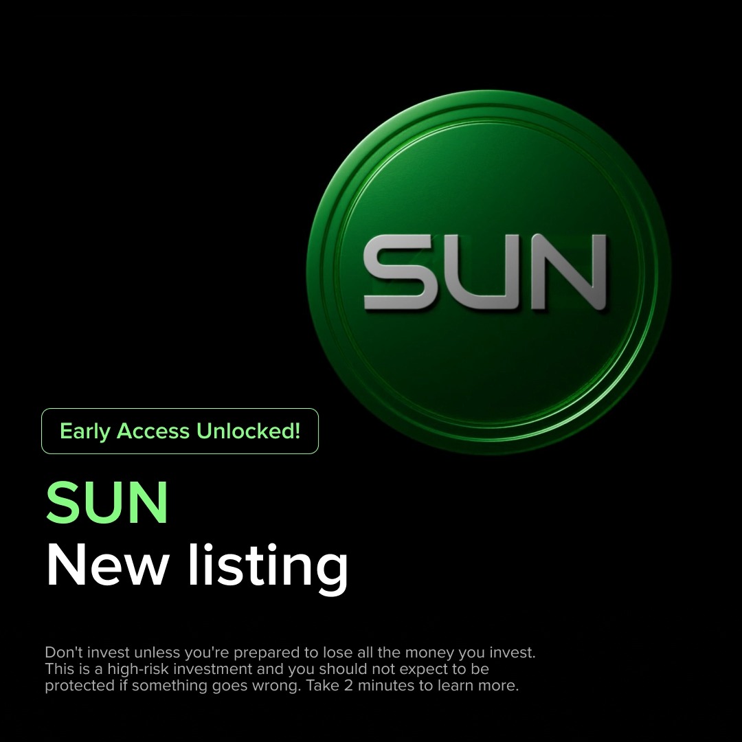 Promotional graphic for the $SUN token featuring a large green 3D coin labeled “SUN,” alongside the text “Early Access Unlocked!,” “SUN New listing,” and a risk warning advising investors not to invest unless prepared to lose all their money and to learn more before participating. It accompanies the announcement of early access for $SUN, the governance token of the OfficialSUNio decentralized exchange on TRON.